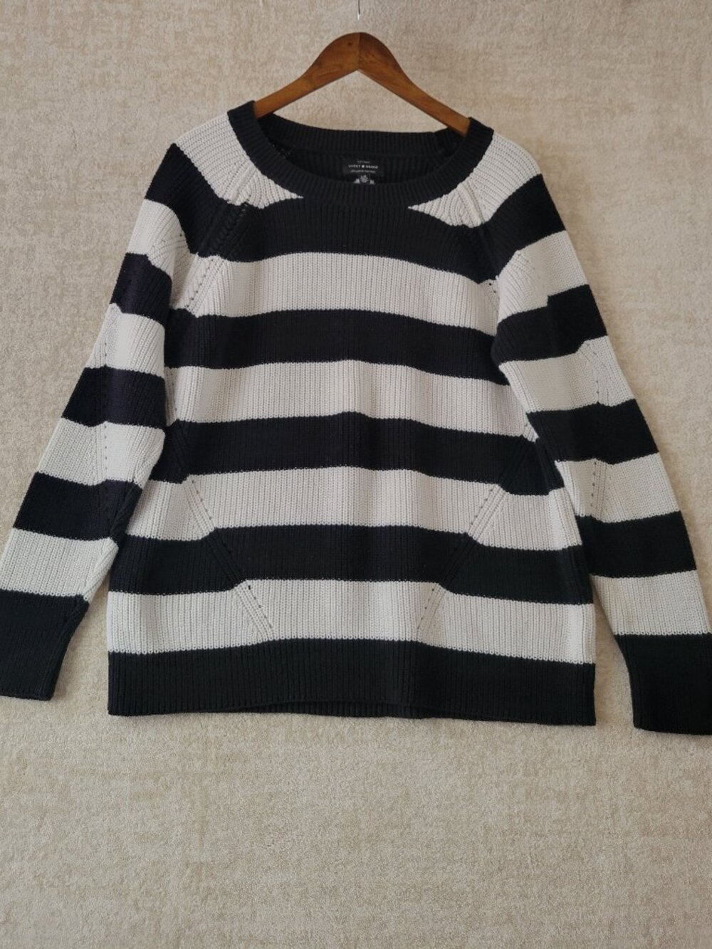 Lucky Brand Chunky Striped Knit Pullover Sweater Black White Crew Neck Large